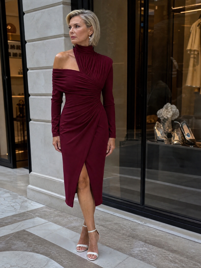 Elegant Midi Dress for Women with Mock Neck One Shoulder Long Sleeve Ruched Fitted Formal Wedding Guest Style