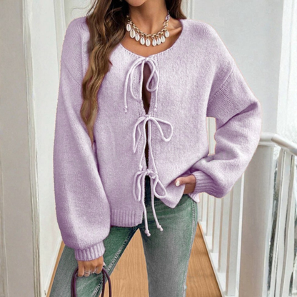 Cozy Knit Cardigan for Women with Round Neck Long Sleeve Tie Front Relaxed Style