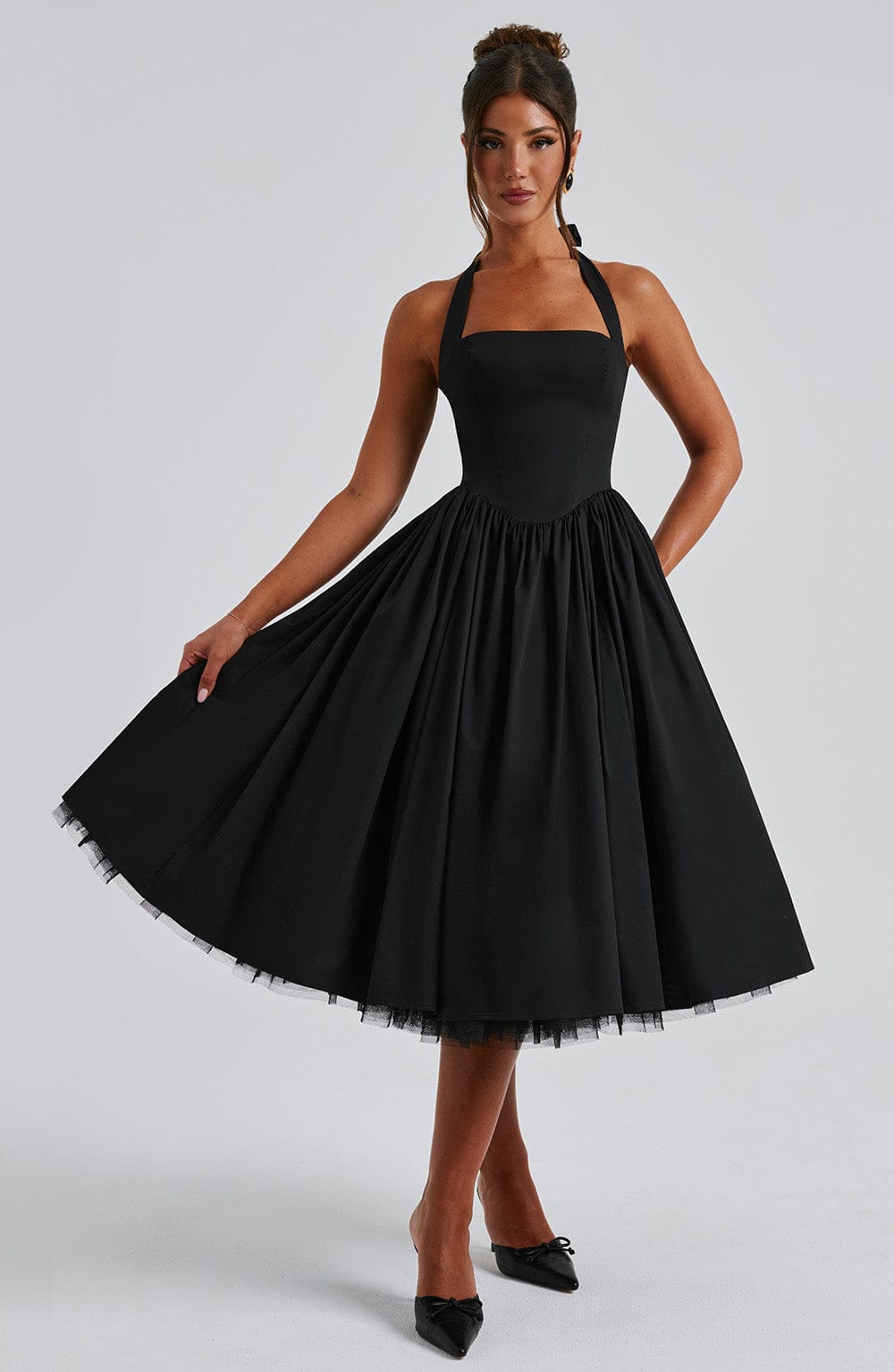 Gabrielle | Elegant White Formal Wedding Guest Dress in A Line Midi Style