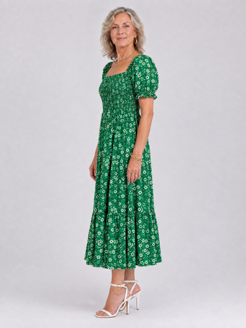 Effortless Floral Midi Dress for Women with Square Neck Puff Sleeve Smocked Bodice A Line Casual Style