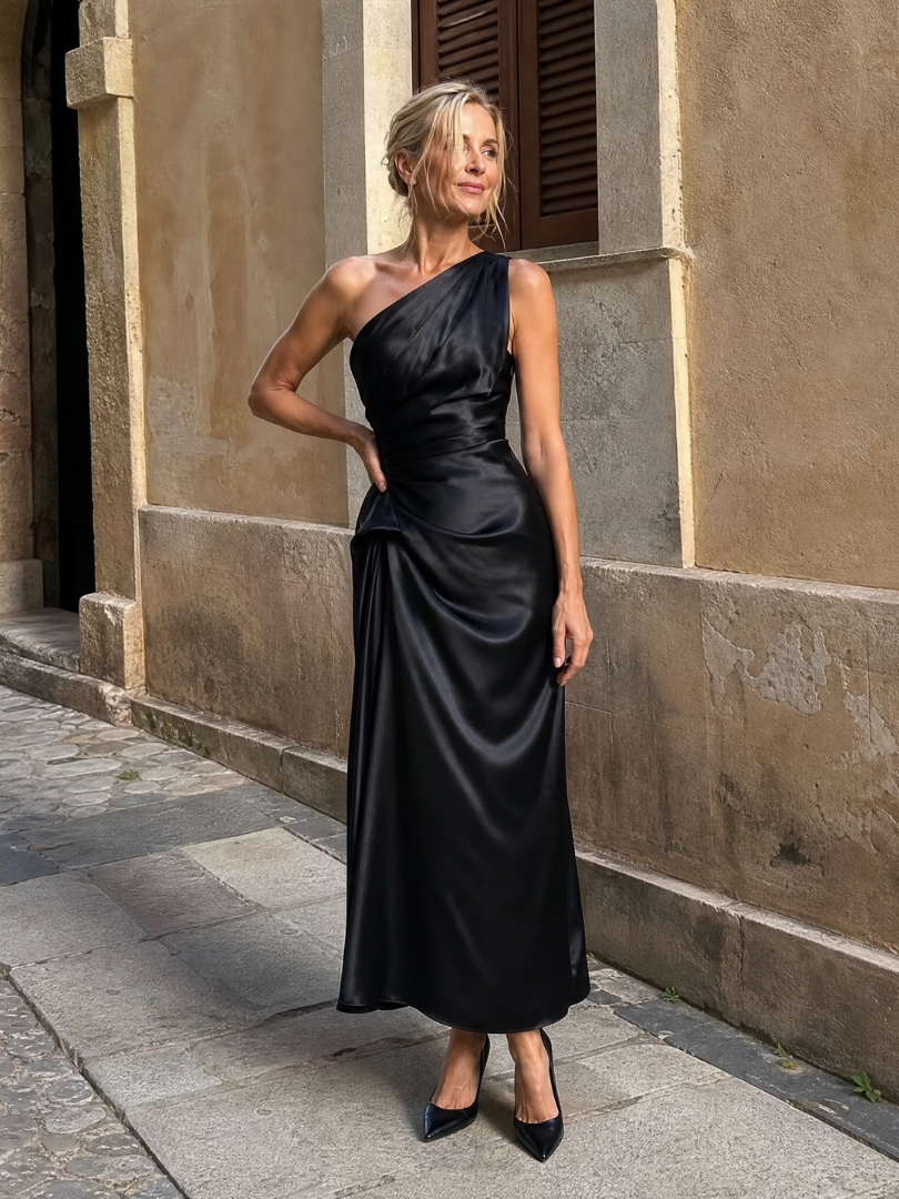 Elegant Satin Midi Dress for Women with One Shoulder Draped Ruched Waist Formal Wedding Guest Style