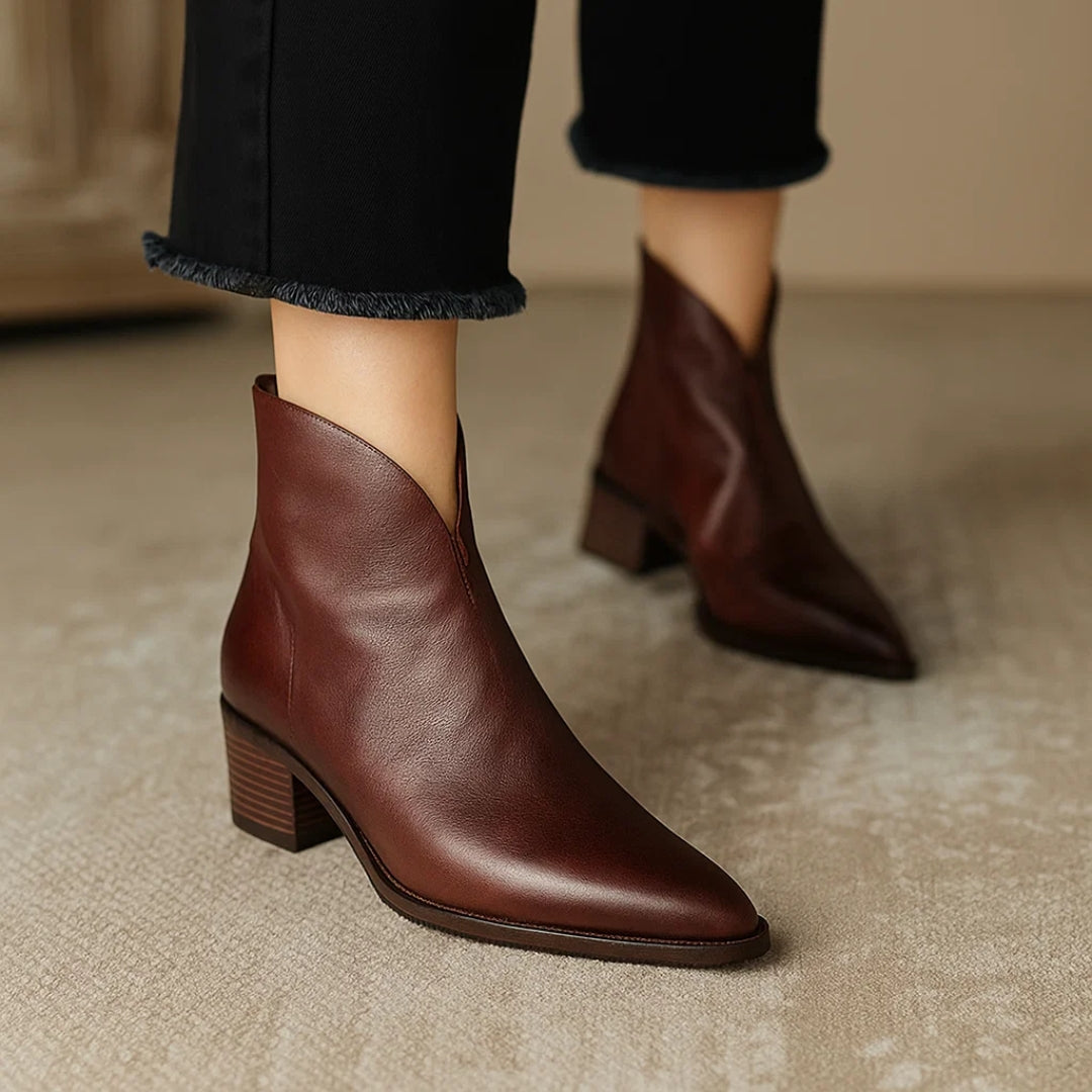 Elegant Leather Ankle Women Boots with Pointed Toe Block Heel Side Zip Style