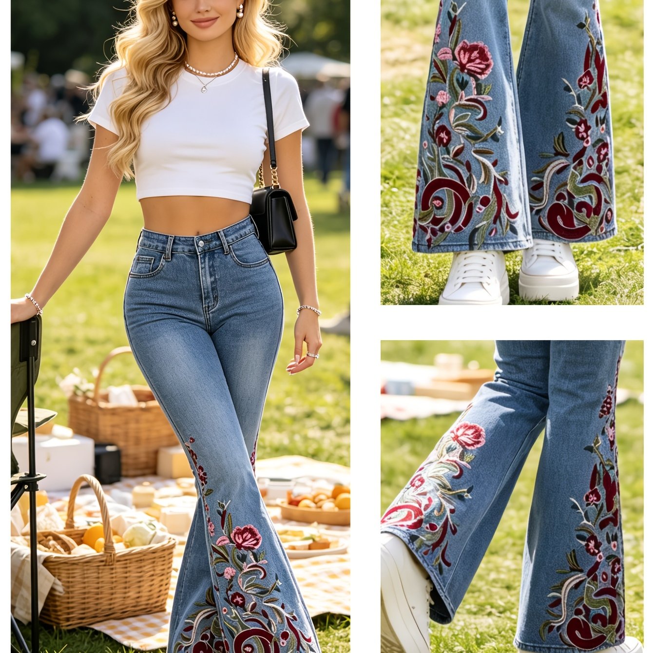 Effortless Light Blue Floral Embroidered High Waisted Jeans for Women with Flare Leg Boho Style