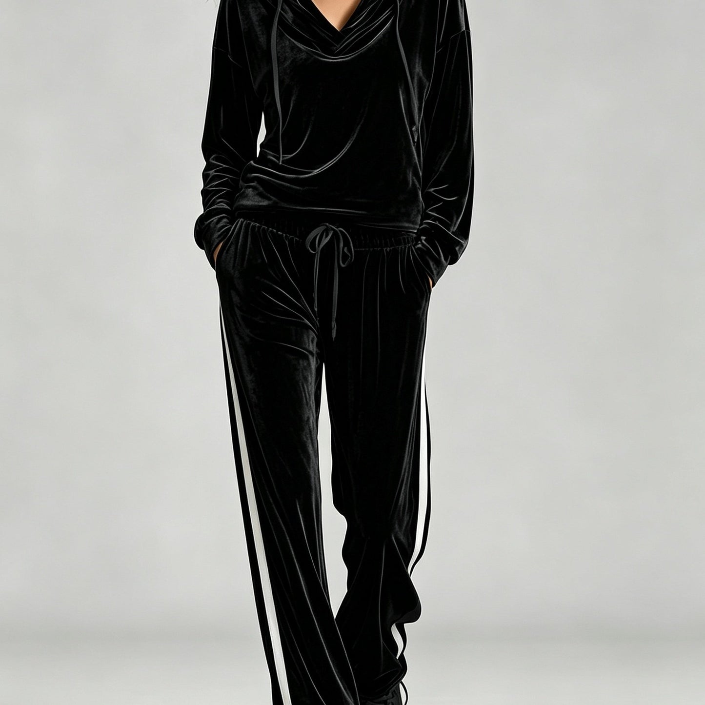 Cozy Velvet Sweatsuit for Women with Cowl Neck Long Sleeve Drawstring Side Stripe Relaxed Style