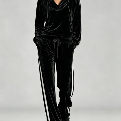 Cozy Velvet Sweatsuit for Women with Cowl Neck Long Sleeve Drawstring Side Stripe Relaxed Style