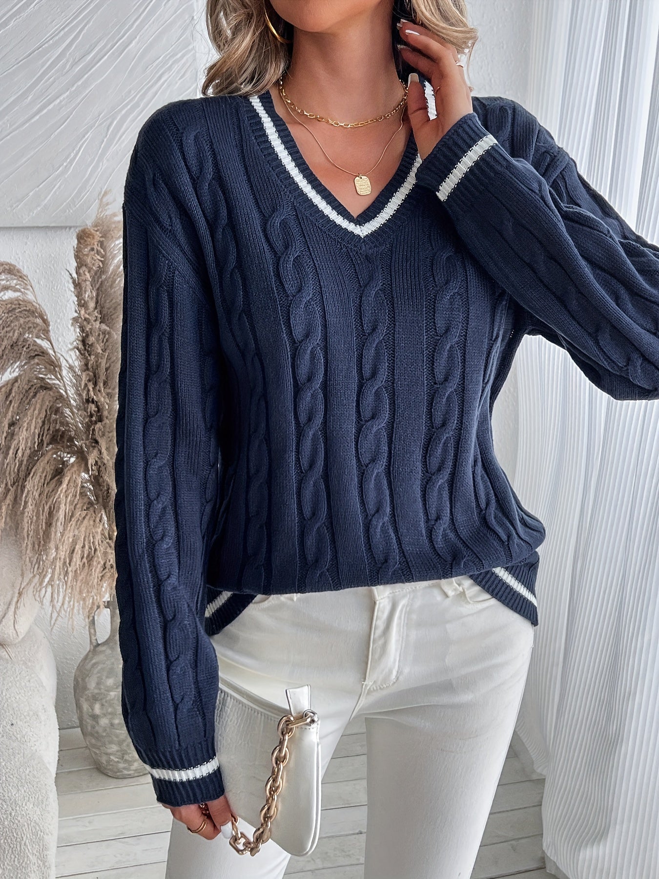 Comfortable Cable Knit Sweater for Women with V Neck Long Sleeve Striped Trim Relaxed Oversized Style