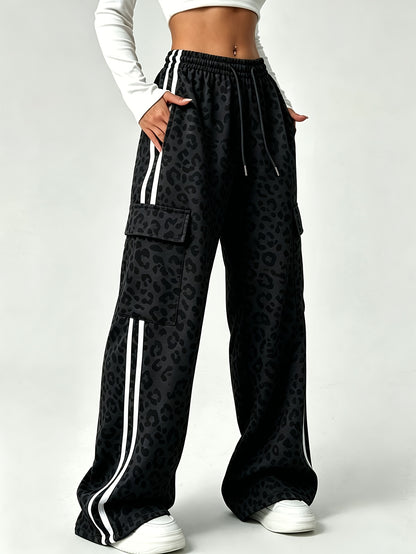 Effortless Leopard Print Cargo Pants for Women with High Waist Drawstring Wide Leg Relaxed Style