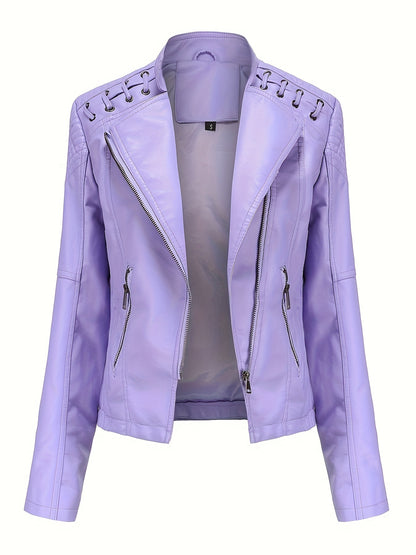 Elegant Leather Moto Jacket for Women with Notch Lapel Zip Front Studded Shoulder
