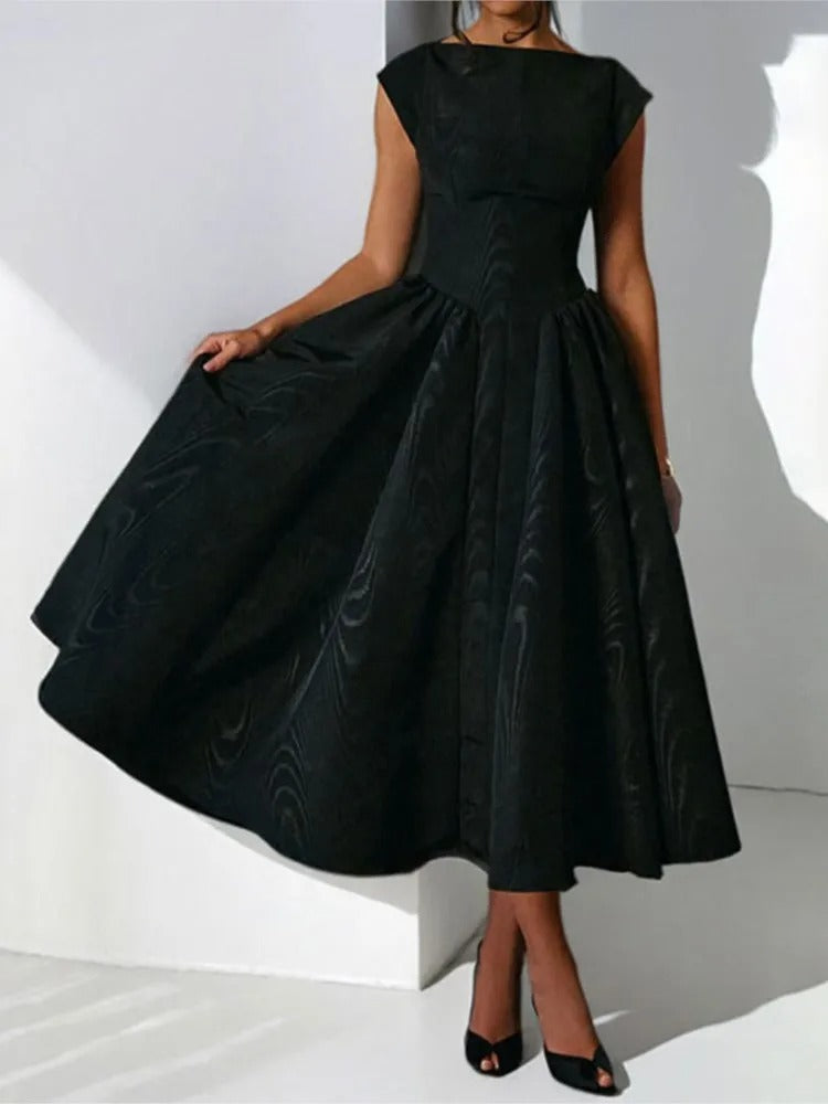 Elegant Midi Dress for Women with Round Neck Sleeveless Pleated Fit and Flare Formal Style