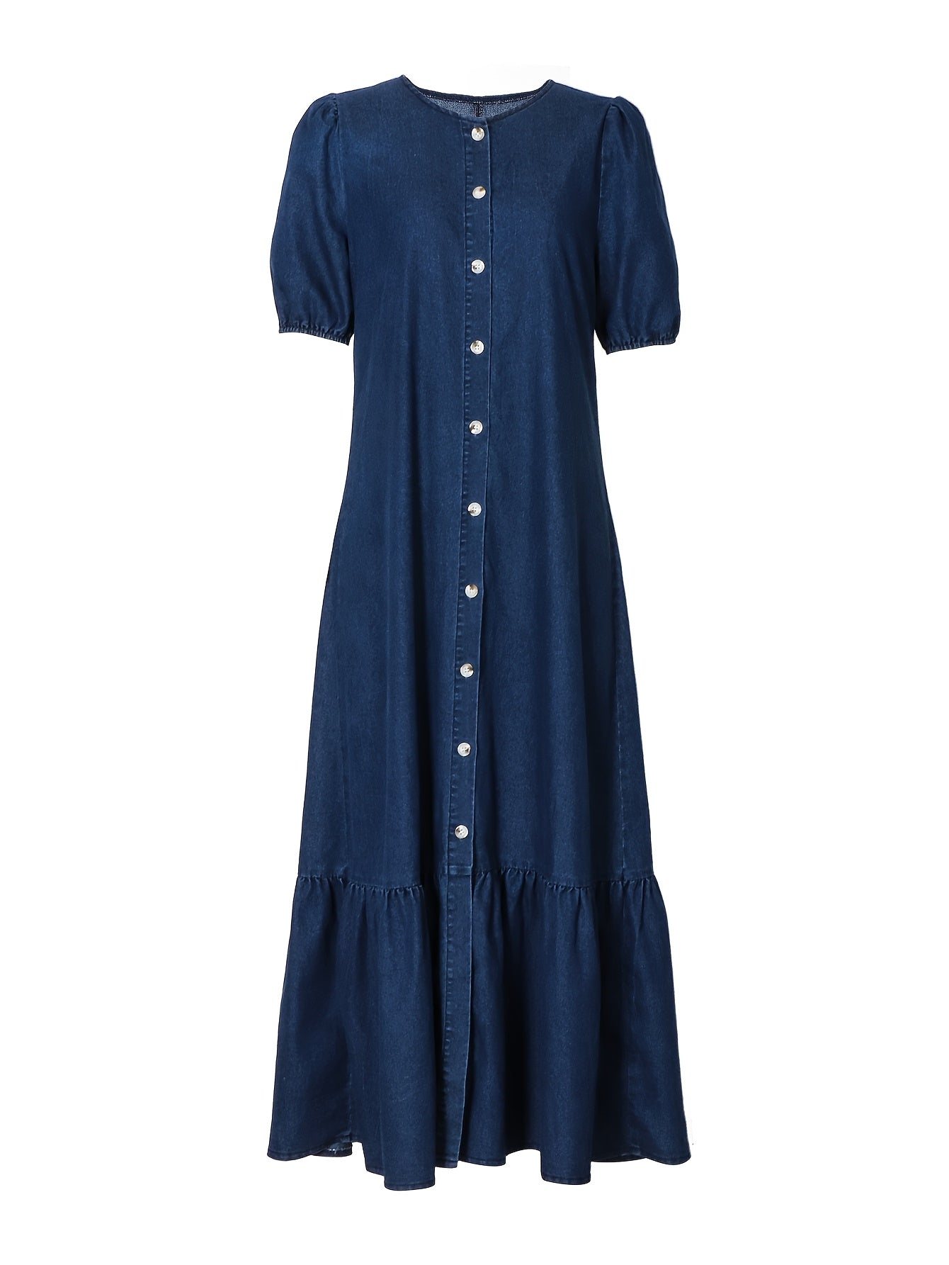 Effortless Blue Denim Dress for Women with Round Neck Elbow Sleeve Button Front Tiered Maxi Style