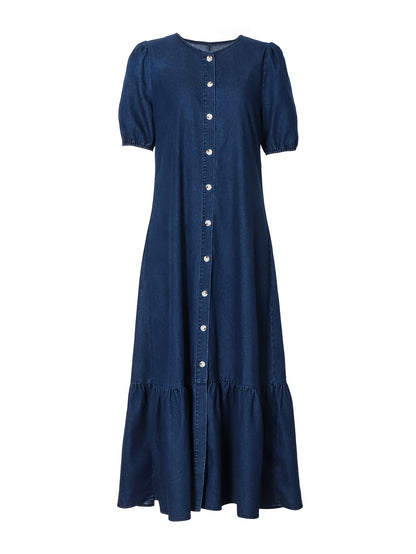 Effortless Blue Denim Dress for Women with Round Neck Elbow Sleeve Button Front Tiered Maxi Style