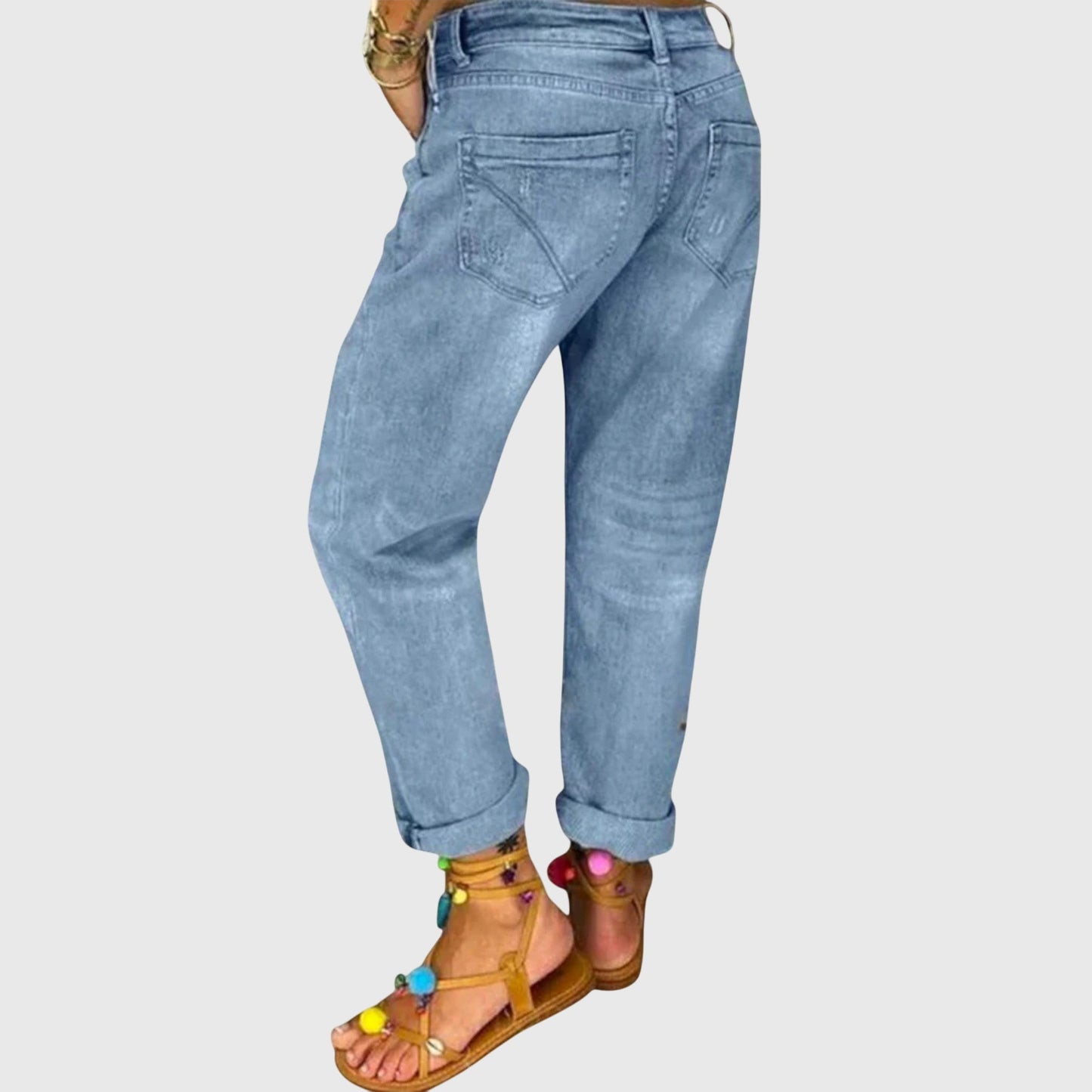 Effortless Blue Distressed Mom Jeans for Women with High Waist Button Fly Cuffed Relaxed Style