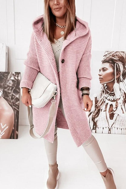 Cozy Long Knit Cardigan for Women with Hooded Neck Long Sleeve Button Front Duster Style