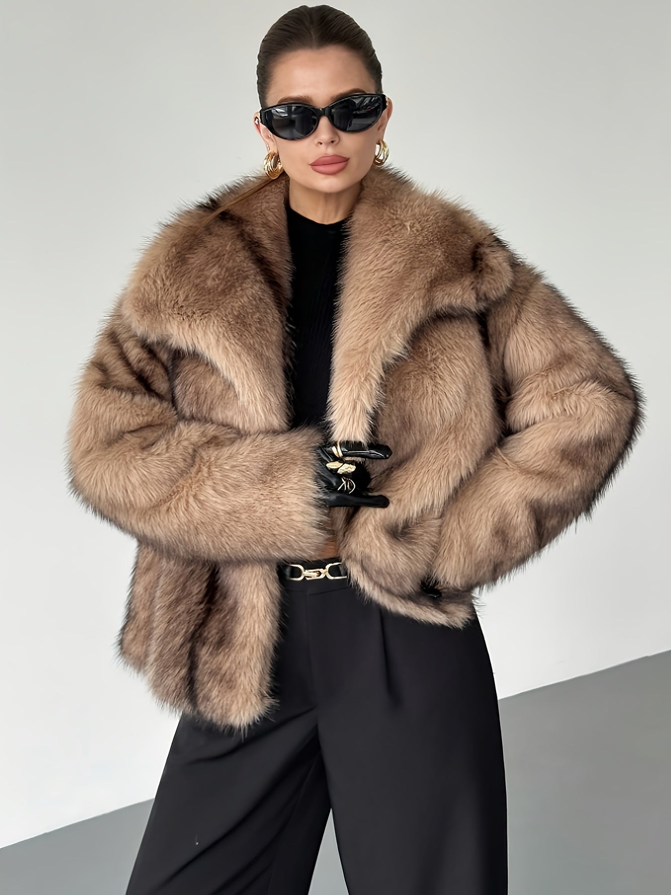Elegant Khaki Fur Coat for Women with Notch Collar Long Sleeve Oversized Cropped Style