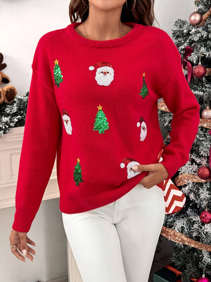 Comfortable Red Sequin Christmas Sweater for Women with Crew Neck Long Sleeve Sequin Santa Oversized Knit Style