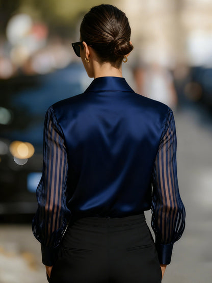 Elegant Satin Blouse for Women with Collared Button Up Sheer Stripe Sleeve Business Casual Style
