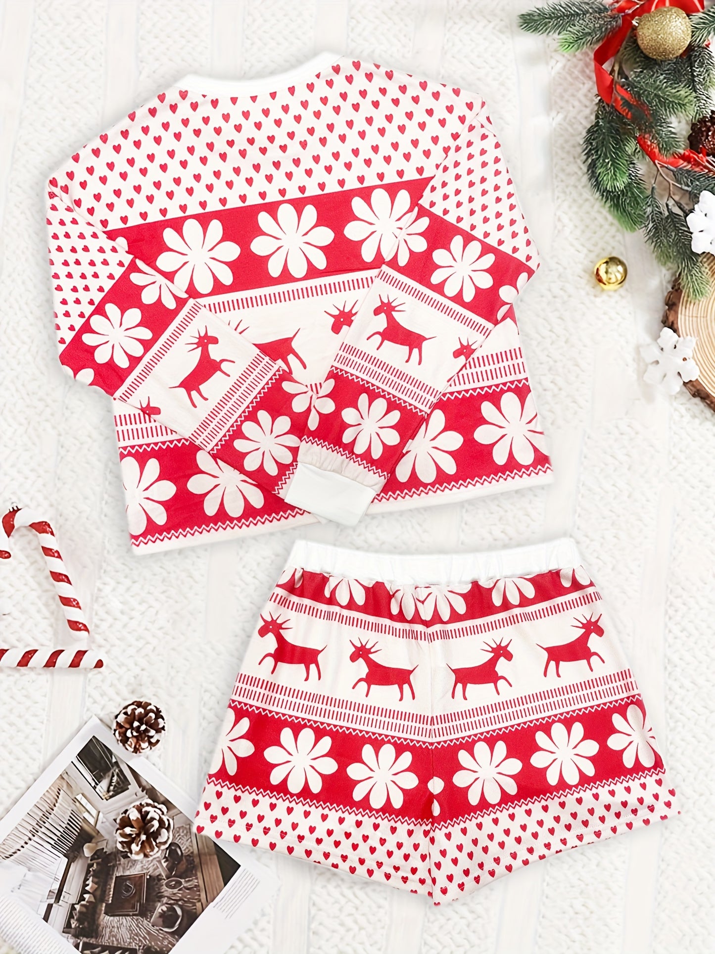 Cozy Red White Snowflake Christmas Holiday Pajamas for Women with Round Neck Long Sleeve Reindeer Two Piece Style