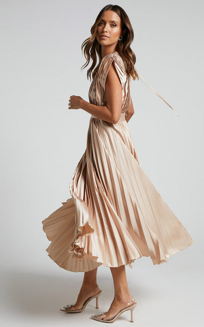 Elegant Pleated Midi Dress for Women with Deep V Neck Formal Wedding Guest Style