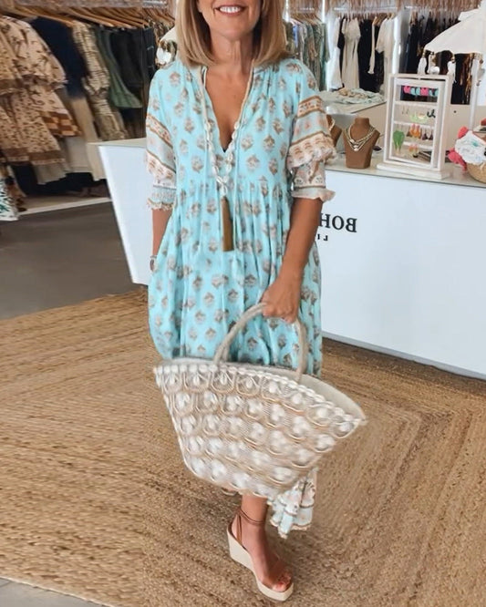 Emily | Effortless Printed Green Sundress for Casual Summer Style