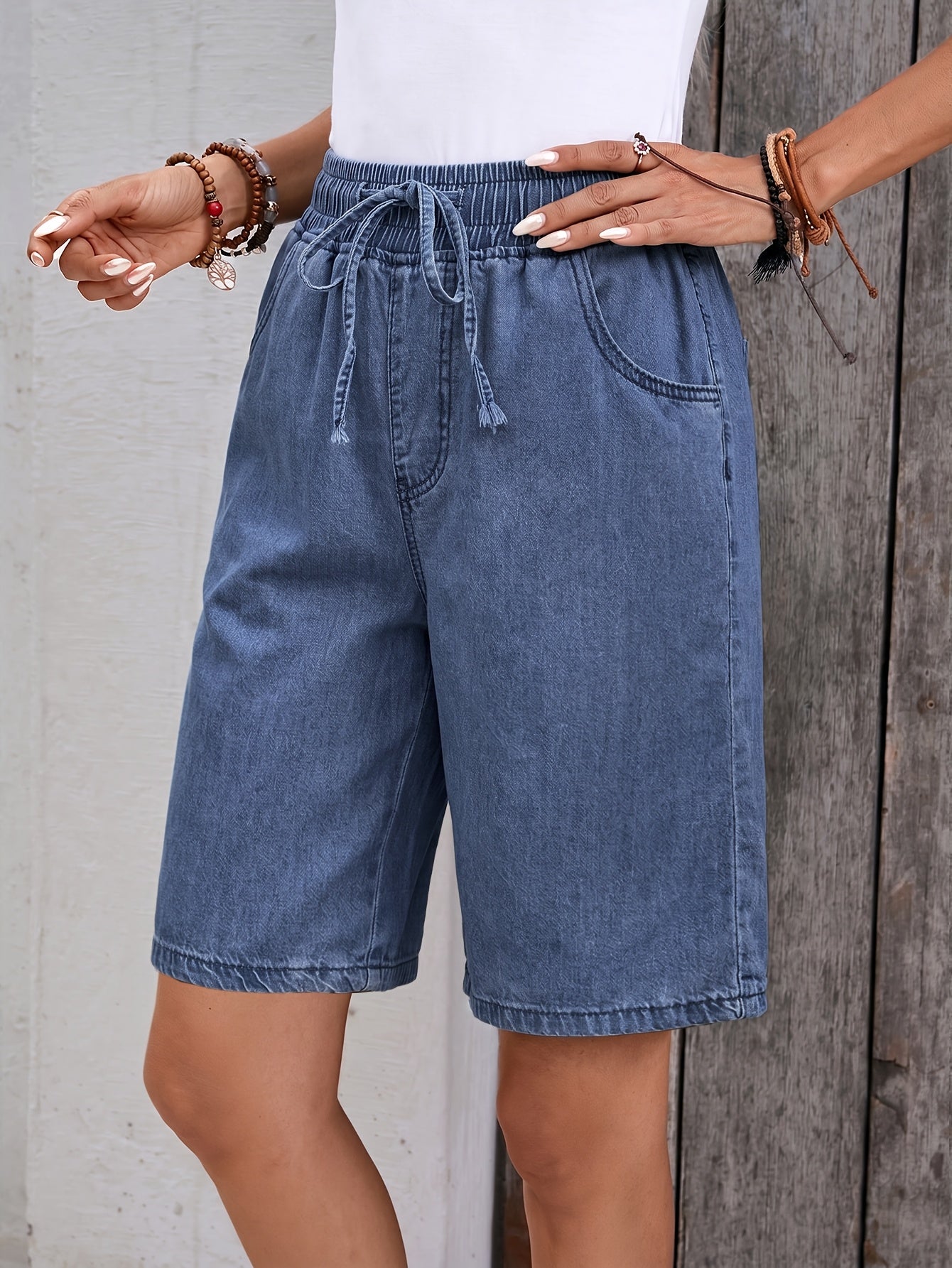 Effortless Blue Jean Shorts for Women with High Waist Drawstring Pocket Bermuda Style