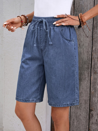 Effortless Blue Jean Shorts for Women with High Waist Drawstring Pocket Bermuda Style