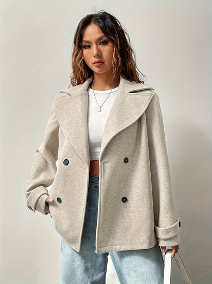 Elegant Beige Pea Coat for Women with Notched Lapel Long Sleeve Double Breasted Oversized Style