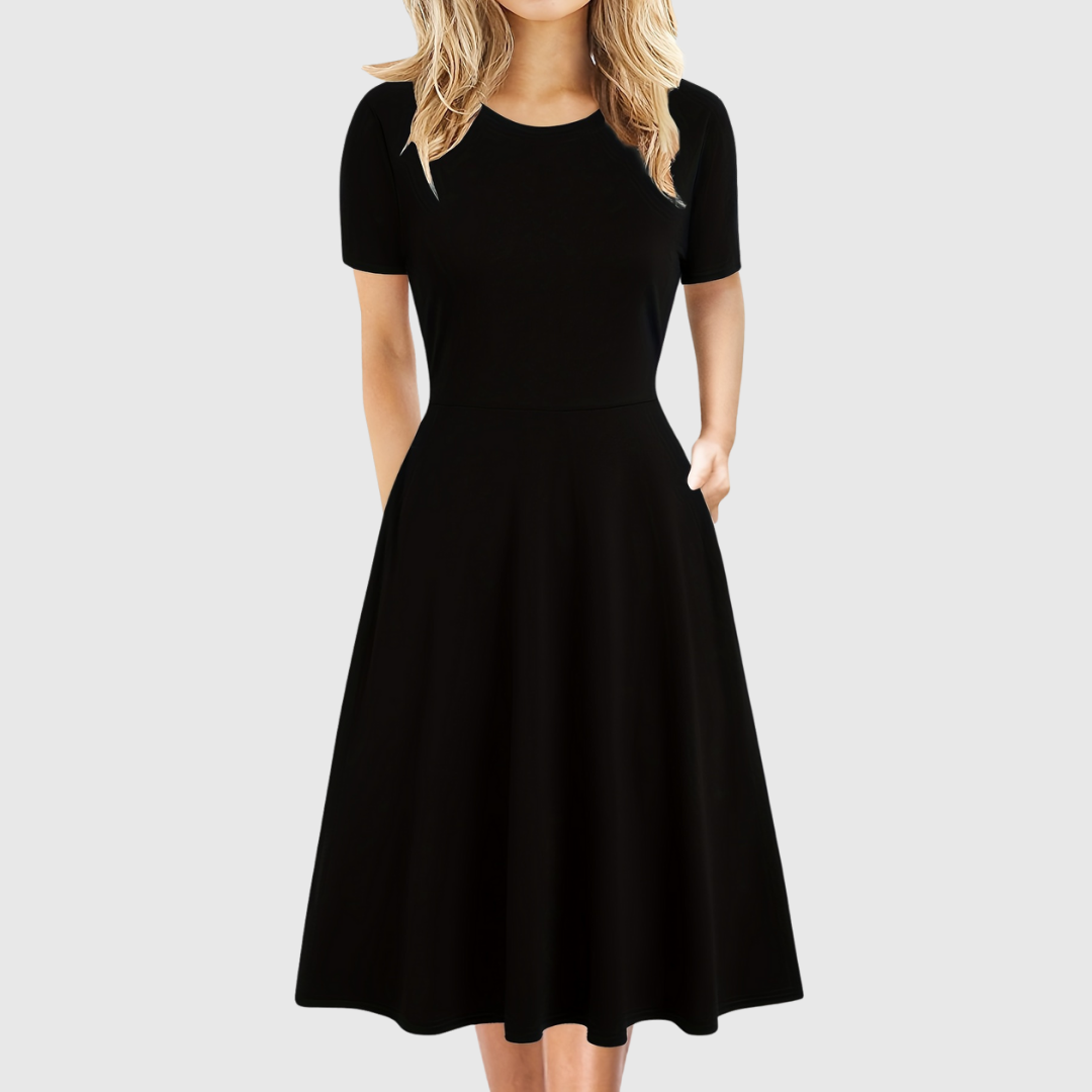 Elegant A Line Dress for Women with Round Neck Short Sleeve Fit and Flare Midi Casual Retro Style