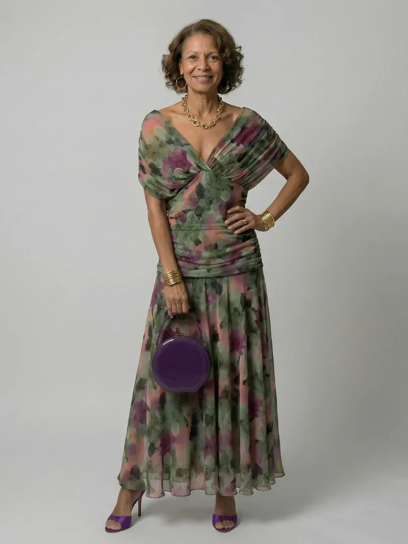 Elegant Midi Dress for Women with Off Shoulder V-Neck Floral Print Ruched Waist Formal Wedding Guest Style
