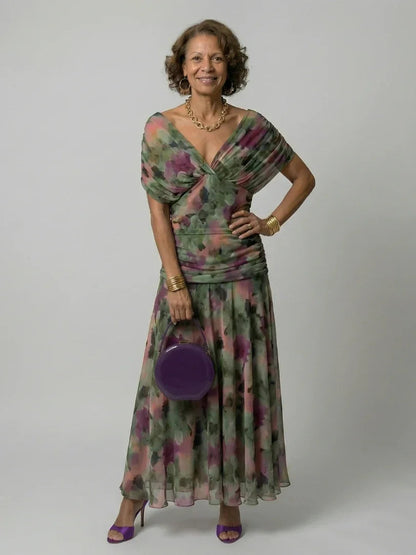 Elegant Midi Dress for Women with Off Shoulder V-Neck Floral Print Ruched Waist Formal Wedding Guest Style