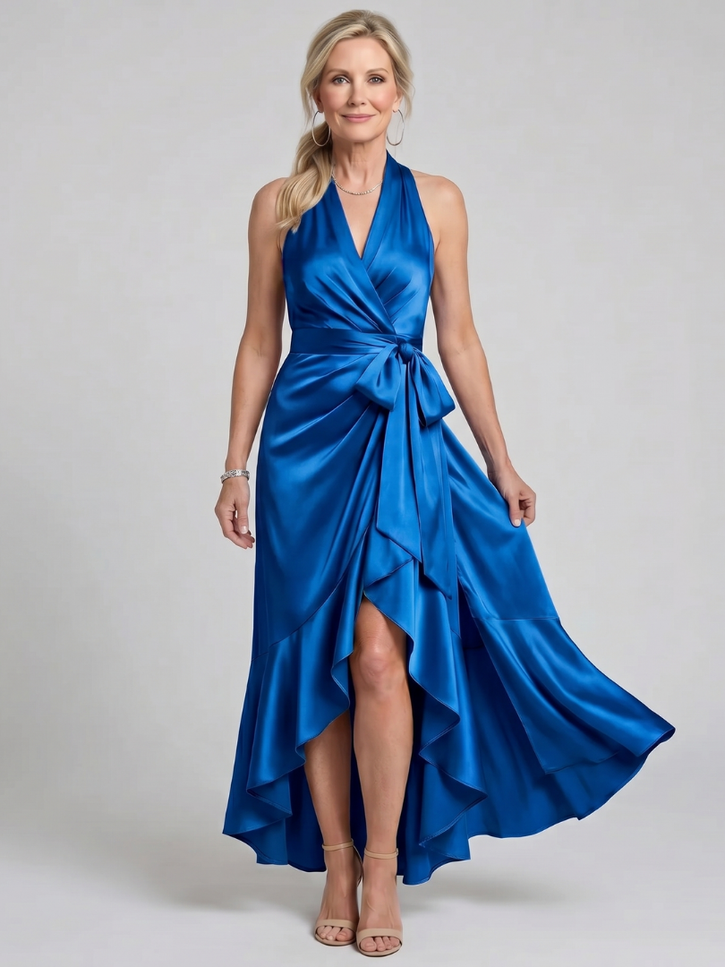 Elegant Champagne Satin Cocktail Dress for Women with Halter Neck Sleeveless Wrap High Low Style