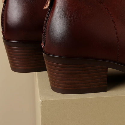 Elegant Leather Ankle Women Boots with Pointed Toe Block Heel Side Zip Style