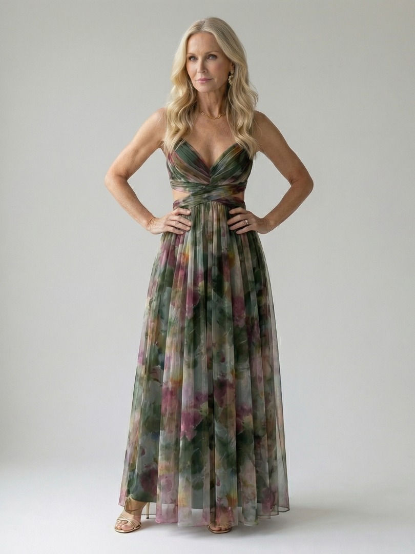 Effortless Watercolor Floral Maxi Dress for Women with V Neck Sleeveless Ruched Flowing Autumn Wedding Guest Style