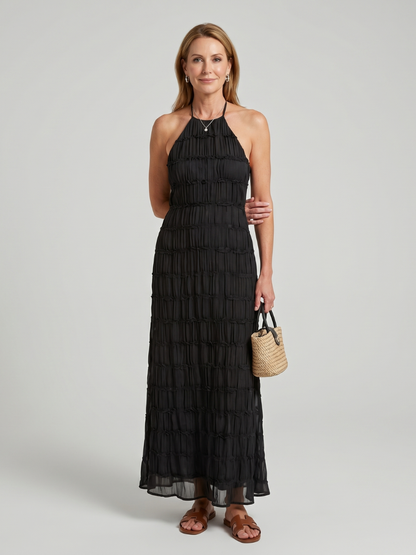 Textured Fringe Elegant Dress for Women with Halter Neck Sleeveless Tiered Maxi Flowing Style
