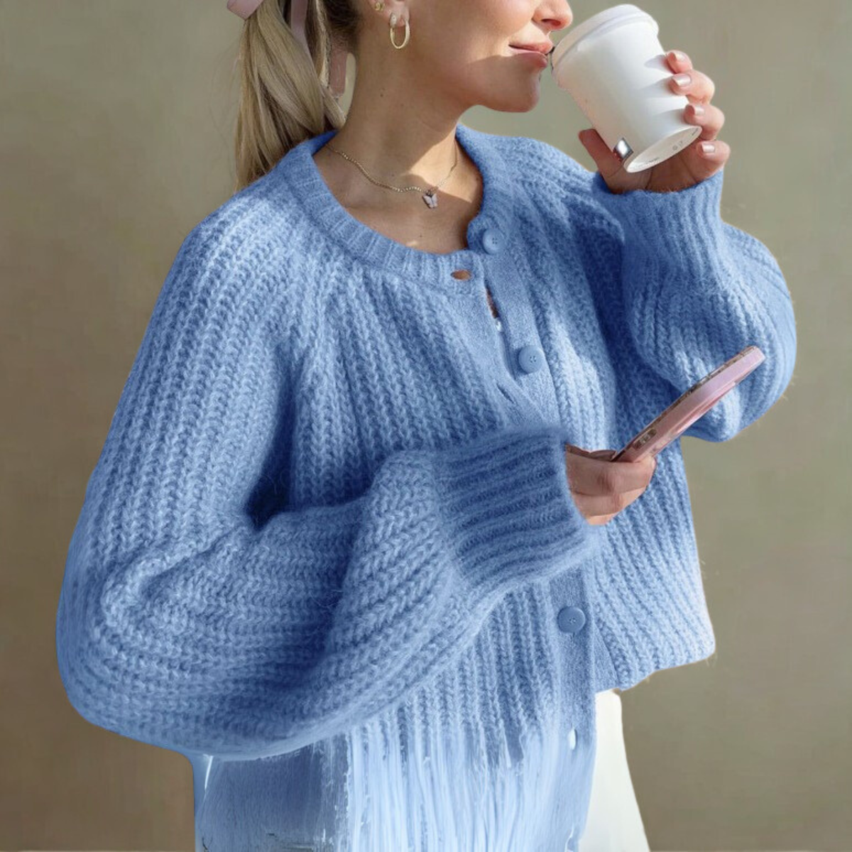 Cozy Knit Cardigan for Women with Round Neck Long Sleeve Button Front Ribbed Relaxed Style