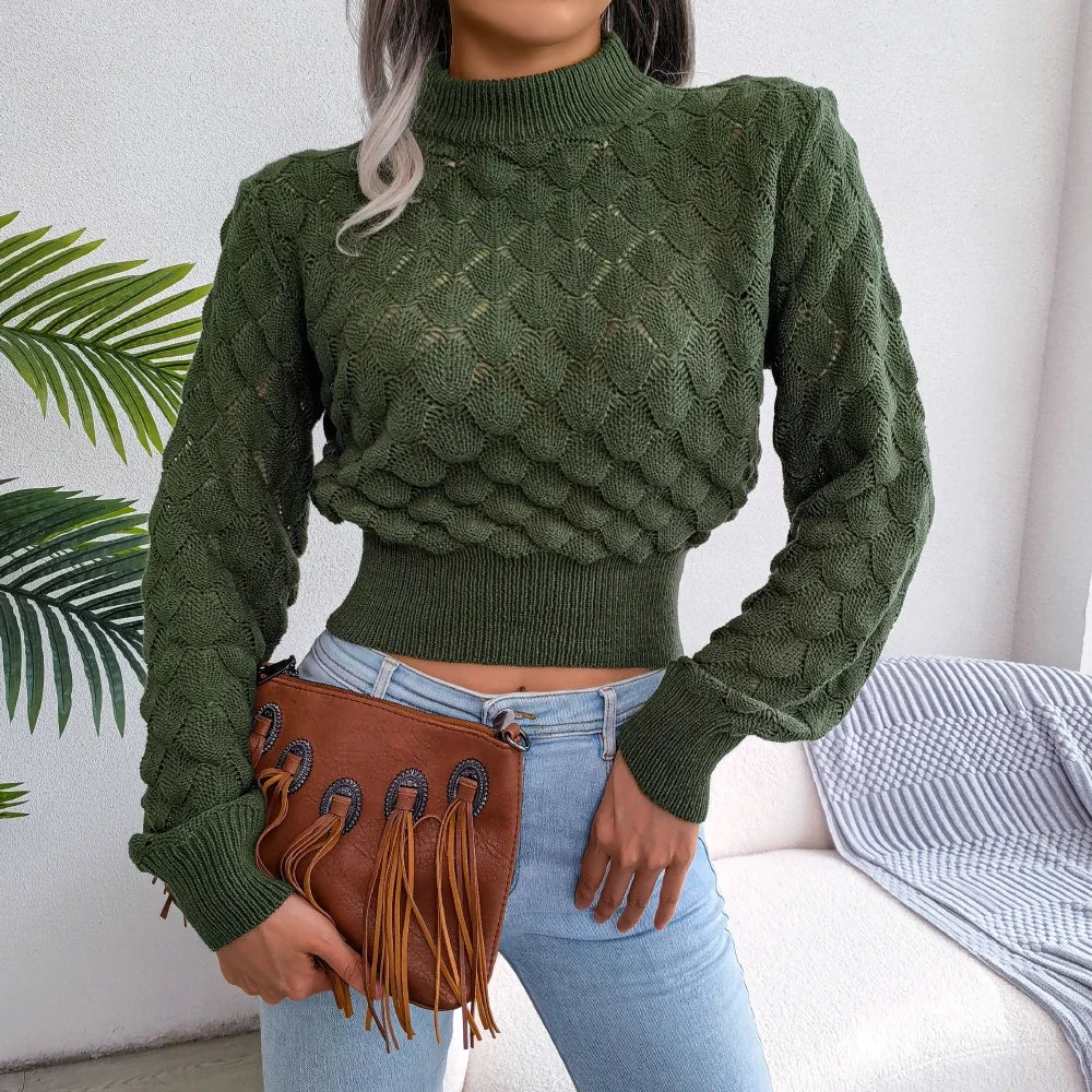 Cozy Cropped Mock Neck Sweater for Women with Long Sleeve Textured Knit Fitted Style