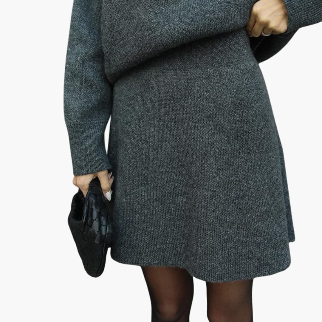 Chic Black Knit Two Piece Set for Women with Crew Neck Sweater High Waist Mini Skirt Lounge Style