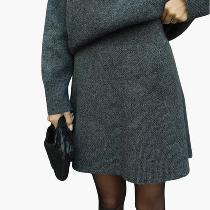 Chic Black Knit Two Piece Set for Women with Crew Neck Sweater High Waist Mini Skirt Lounge Style