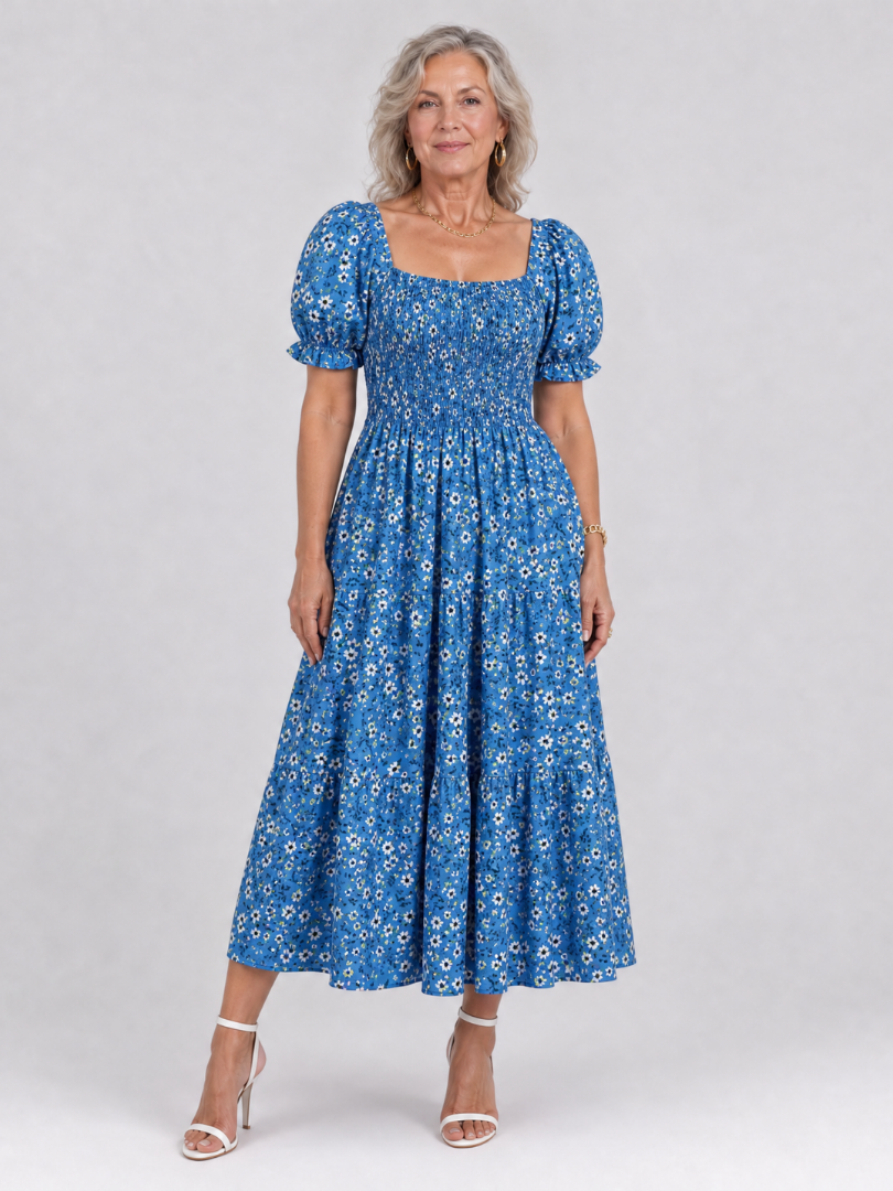 Effortless Floral Midi Dress for Women with Square Neck Puff Sleeve Smocked Bodice A Line Casual Style