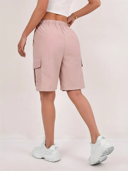 Effortless Pink Cargo Shorts for Women with High Waist Drawstring Button Pocket Relaxed Casual Style