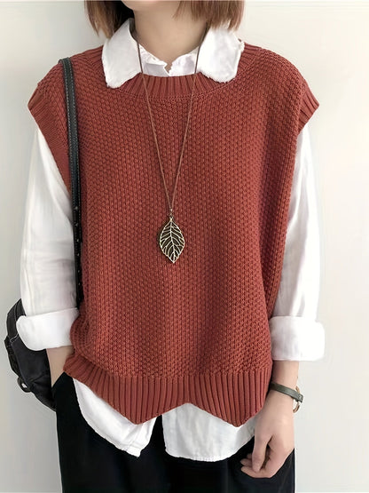 Comfortable Chunky Knit Sweater Vest for Women with Crew Neck Sleeveless Ribbed Trim Relaxed Oversized Style