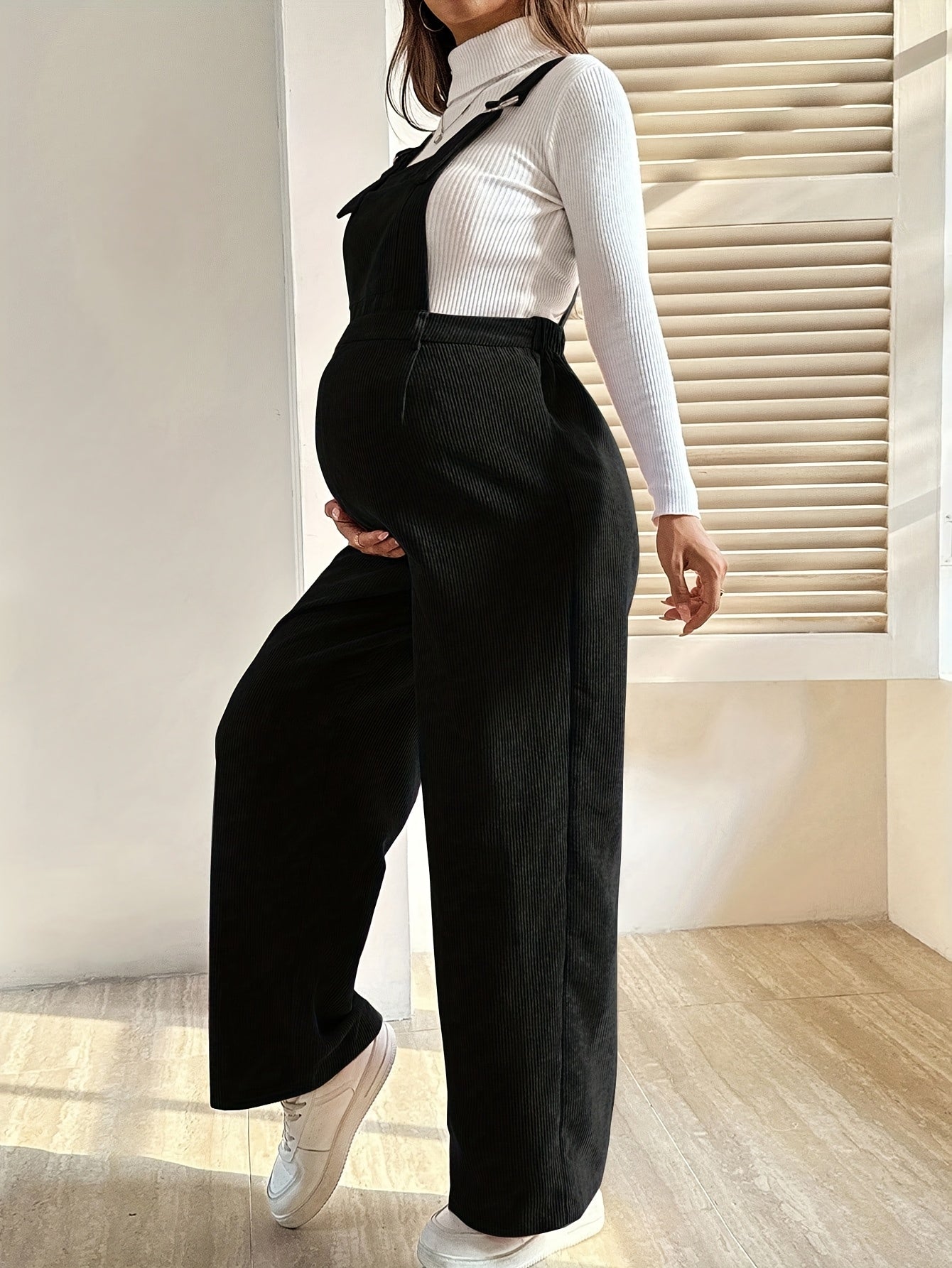 Effortless Corduroy Maternity Overalls for Women with Square Neck Sleeveless Wide Leg Relaxed Style