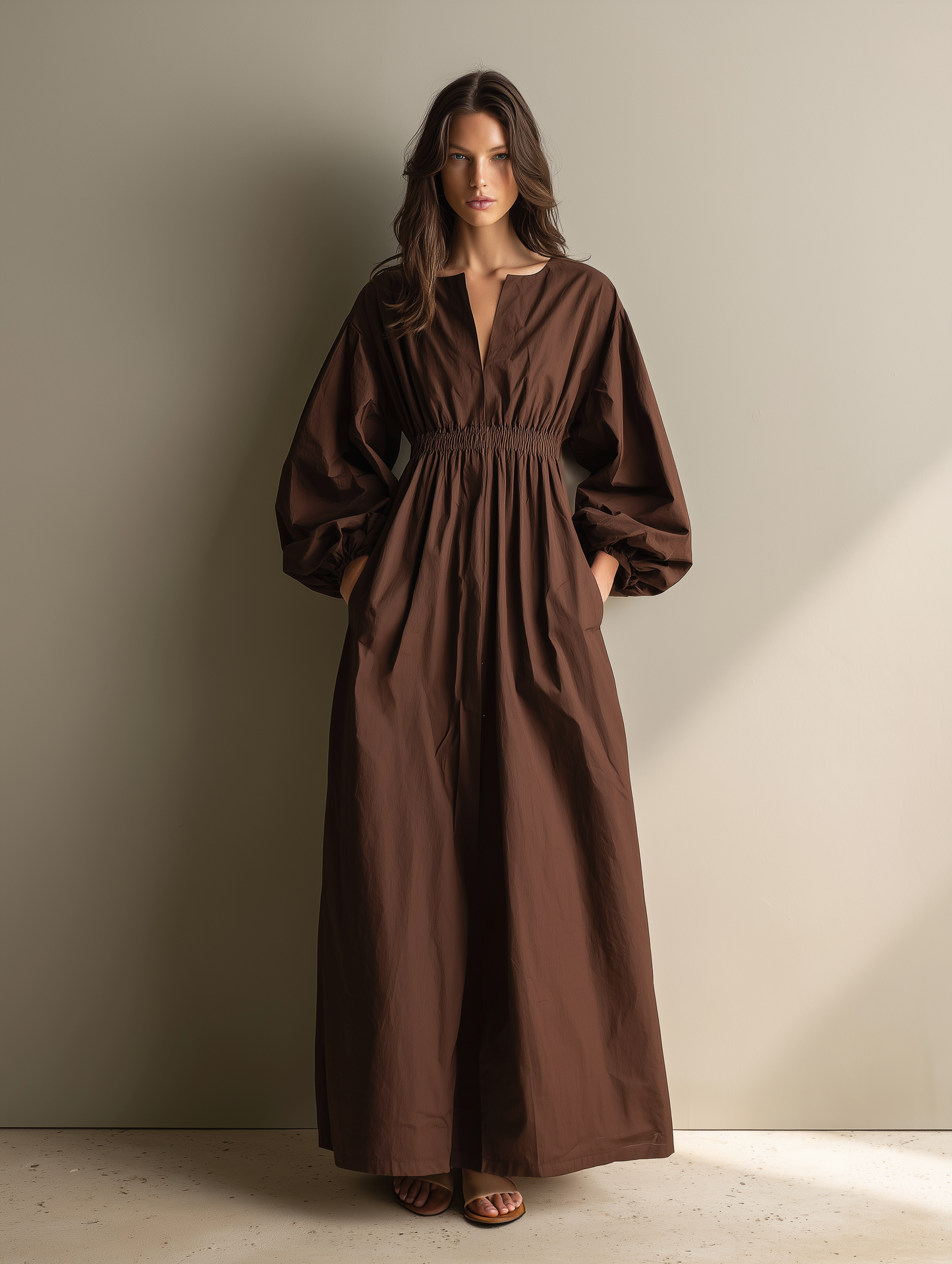 Effortless Brown Maxi Dress for Women with V Neck Puff Sleeve Elastic Waist Linen Flowing Casual Style