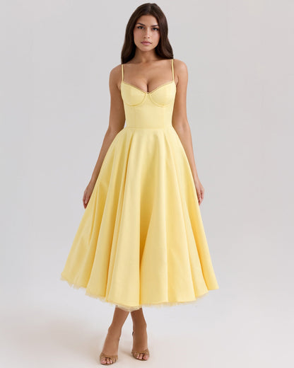 Elegant Bustier Midi Dress for Women with Sweetheart Neckline Spaghetti Strap Tulle Hem Flowing Style