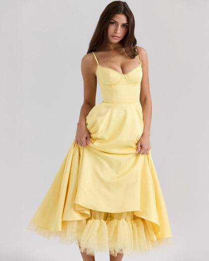 Elegant Bustier Midi Dress for Women with Sweetheart Neckline Spaghetti Strap Tulle Hem Flowing Style