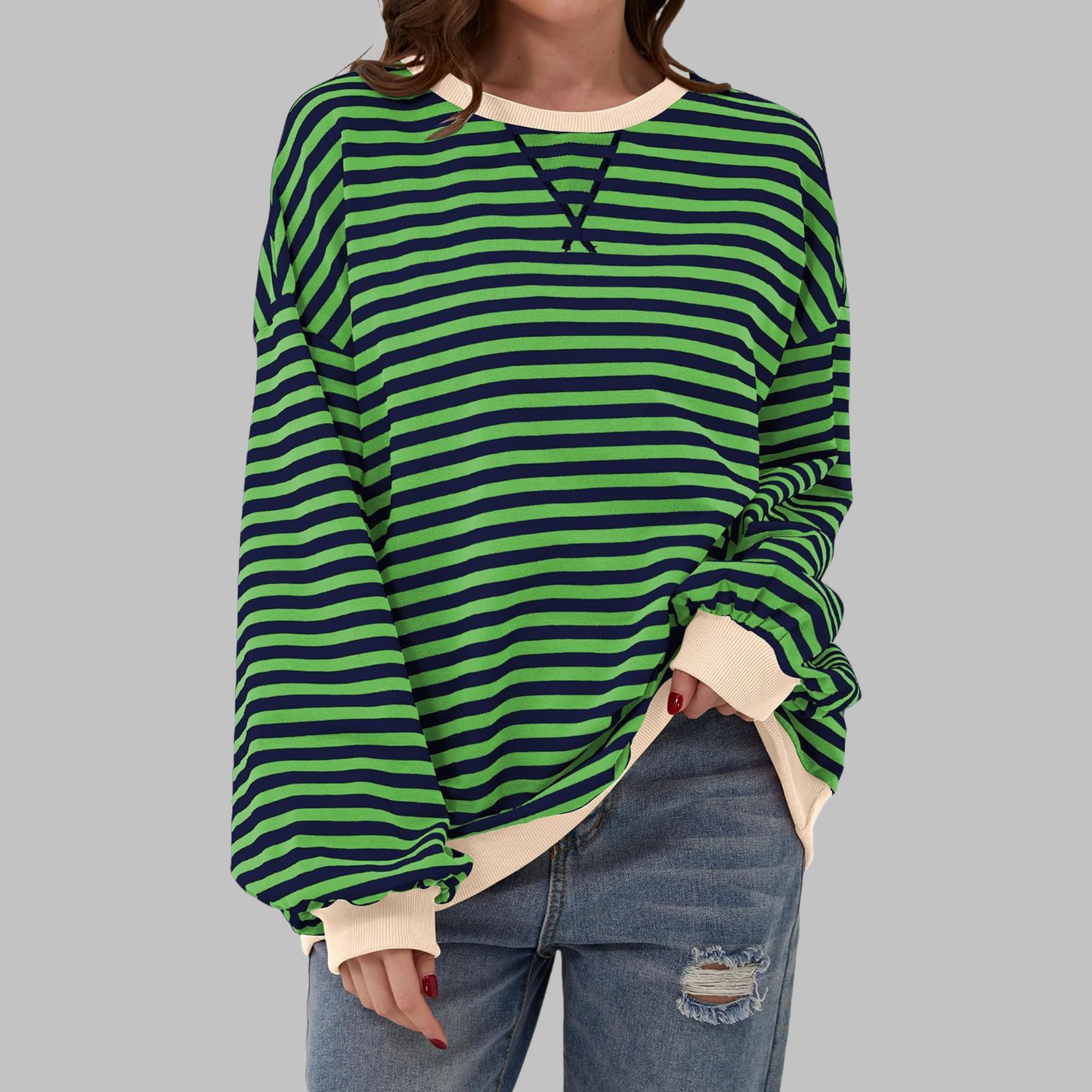 Comfortable Striped Sweatshirt for Women with Crew Neck Long Sleeve Contrast Trim Oversized Style