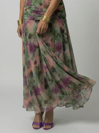 Elegant Midi Dress for Women with Off Shoulder V-Neck Floral Print Ruched Waist Formal Wedding Guest Style