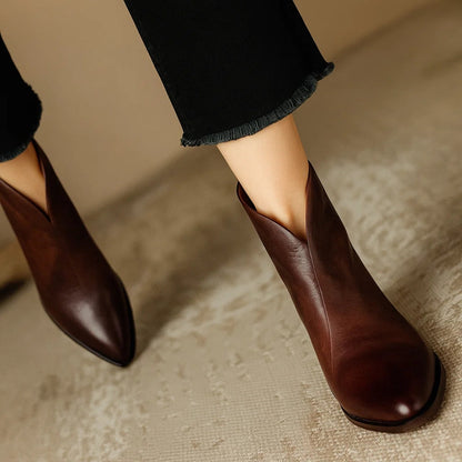 Elegant Leather Ankle Women Boots with Pointed Toe Block Heel Side Zip Style