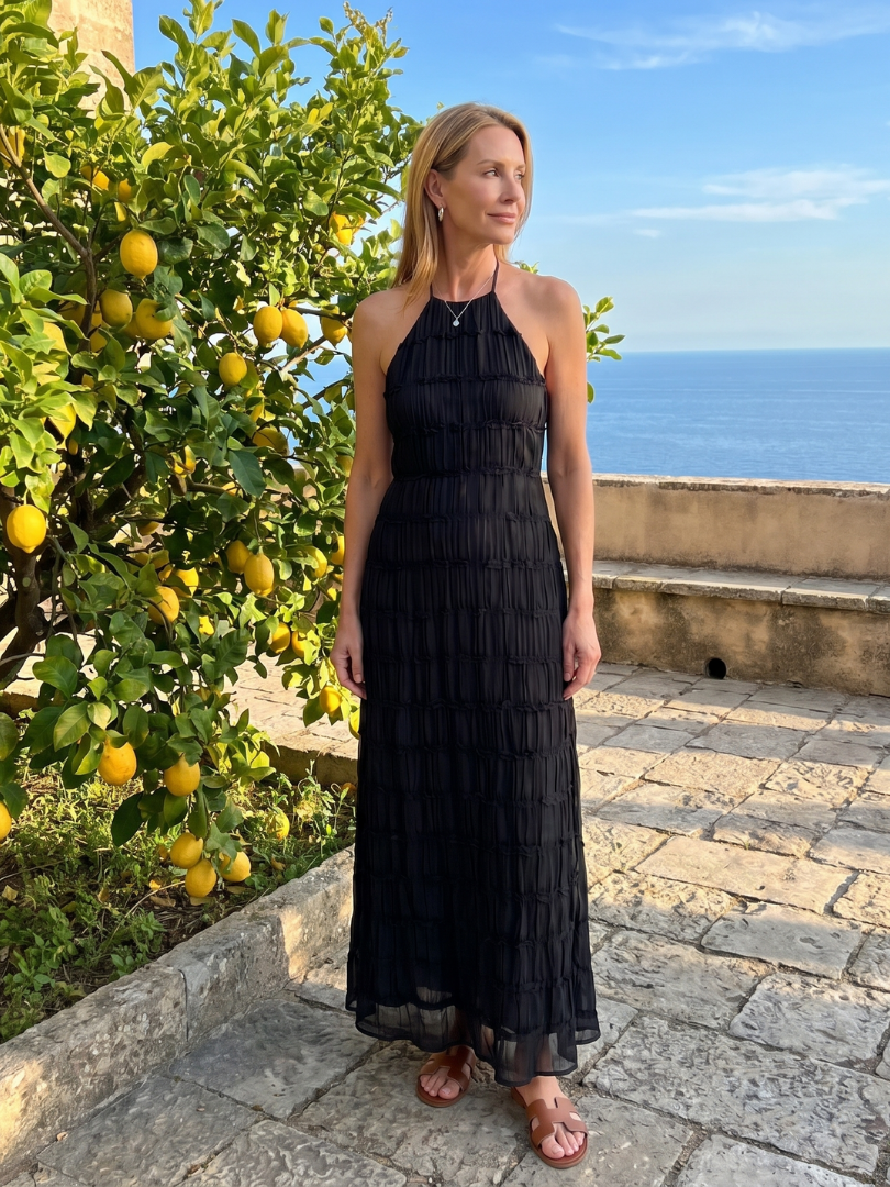 Textured Fringe Elegant Dress for Women with Halter Neck Sleeveless Tiered Maxi Flowing Style