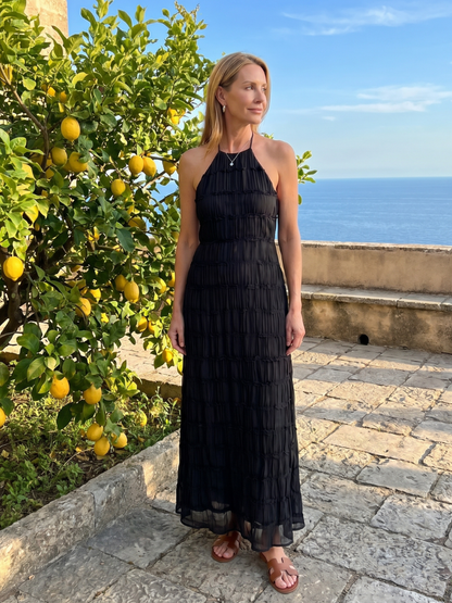 Textured Fringe Elegant Dress for Women with Halter Neck Sleeveless Tiered Maxi Flowing Style