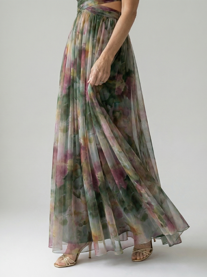 Elegant Floral Watercolor Purple Dress for Women with Sweetheart Neckline Spaghetti Strap Ruched Waist Flowing Wedding Guest Style